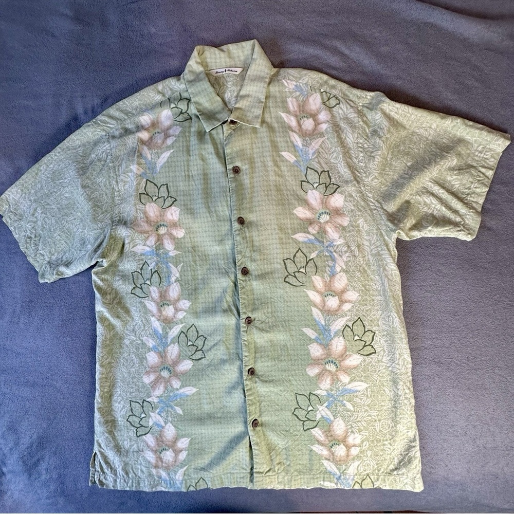 Tommy Bahama Hawaiin Shirt Men's L Green Silk Floral Summer Beach Tropical 